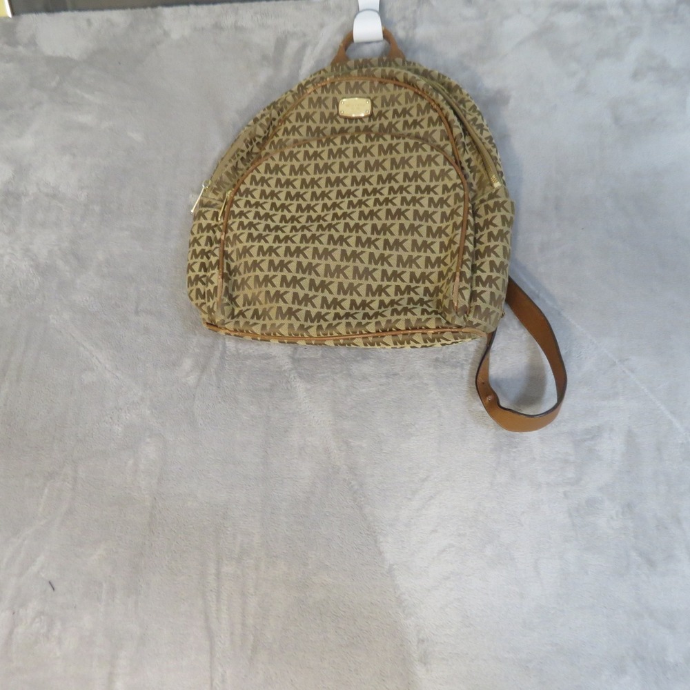 Michael Kors Abbey Backpack Signature Monogram Canvas Tan Leather Gold Hardware